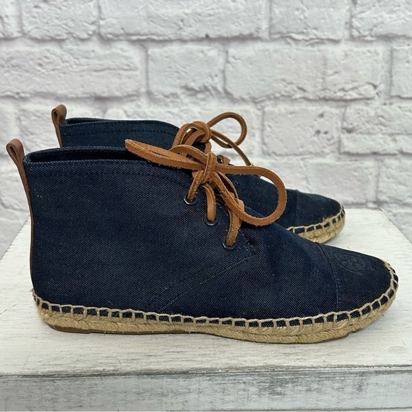 Tory Burch Navy Canvas Espadrille Lace Up Ankle Bootie Flats - Picture 8 of 16